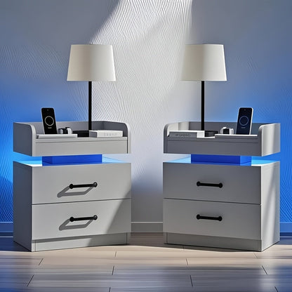 Wooden Nightstand with LED Ambient Light & Charging Station, Fabric Drawer, Blue Glow for an Everyday Personal Care Routine