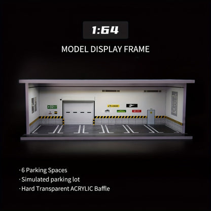 1:64 Diecast Car Display Case with LED Lighted Garage Diorama, Expandable Showcase for 6 Model Cars