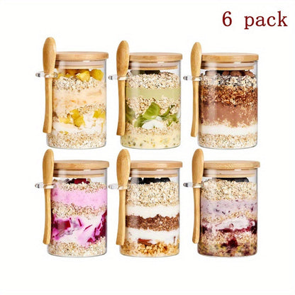 Overnight Oats Jars with Bamboo Lids & Spoons, 500ml Glass Meal Prep Containers, Dessert Bowl Set for Chia Pudding