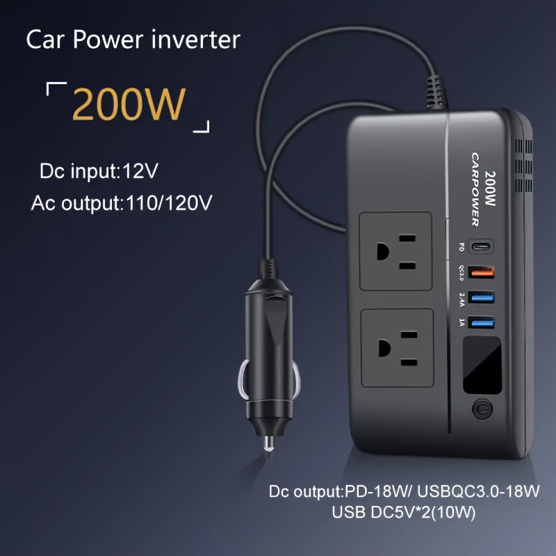 200W Car Power Inverter DC 12V to AC 110V with USB-C PD 20W & QC3.0 Fast Charging for Garden, Patio and Yard Use
