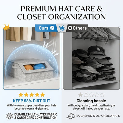 Baseball Cap Organizer for Closet, Large Hat Storage Box Holds 24 Ball Caps, Clear Window, Dustproof