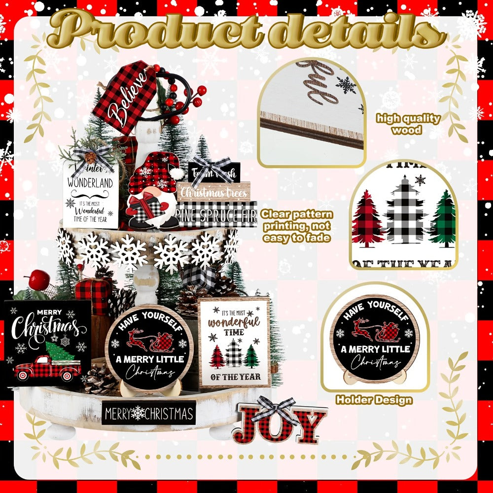 Tiered Tray Decor Set 15/20pcs Winter Christmas Farmhouse Wooden Signs - Buffalo Check for Entryways, Bedrooms and Living Spaces