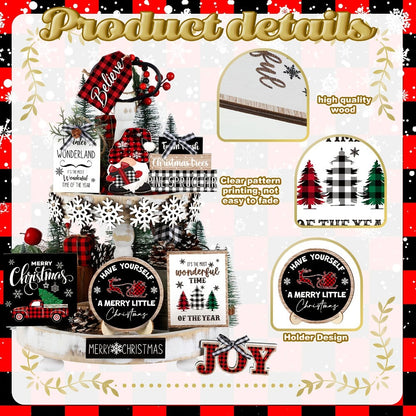 Tiered Tray Decor Set 15/20pcs Winter Christmas Farmhouse Wooden Signs - Buffalo Check for Entryways, Bedrooms and Living Spaces