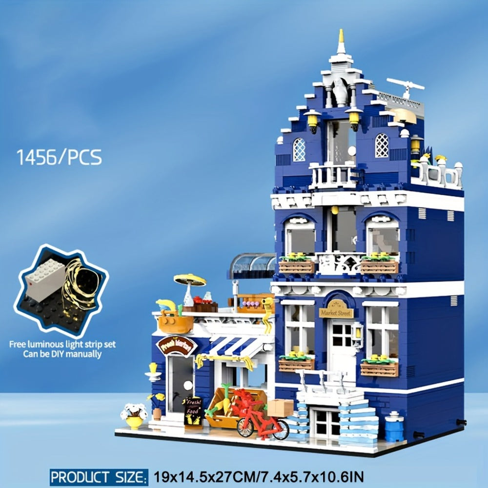 Modular City Building Blocks Set – European Architecture Grocery Store & Market Street, 3-Level Mini Brick Model Kit for Adults & Teens