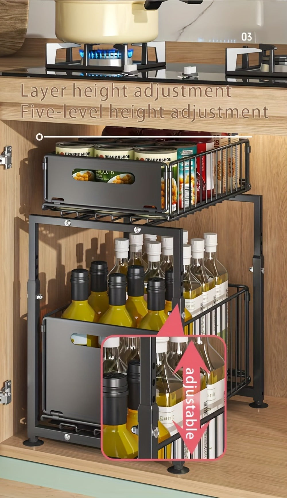 Under Sink Organizer 2-Tier Pull Out – Adjustable Height Carbon Steel Cabinet Storage Shelf for Kitchen and Bathroom