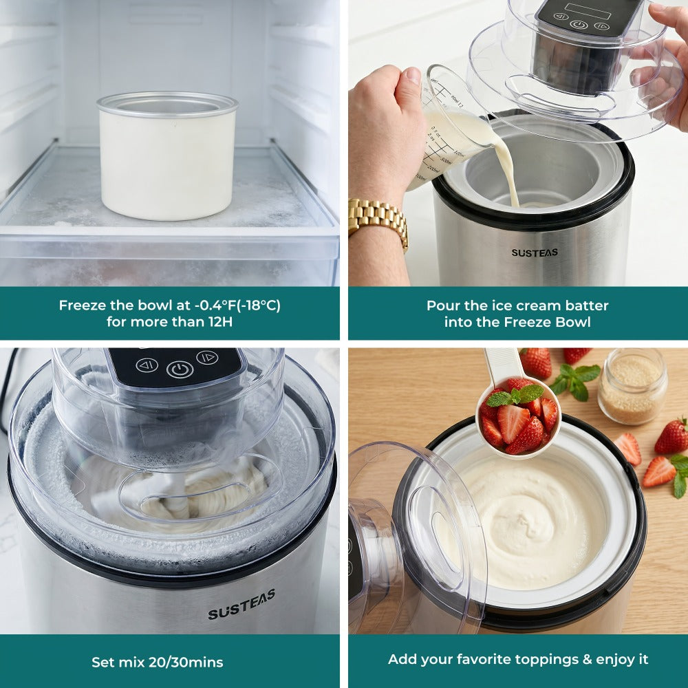 Ice Cream Maker 2 Liter Large Stainless Steel with LED Screen - Electric Ice Cream Machine for Home