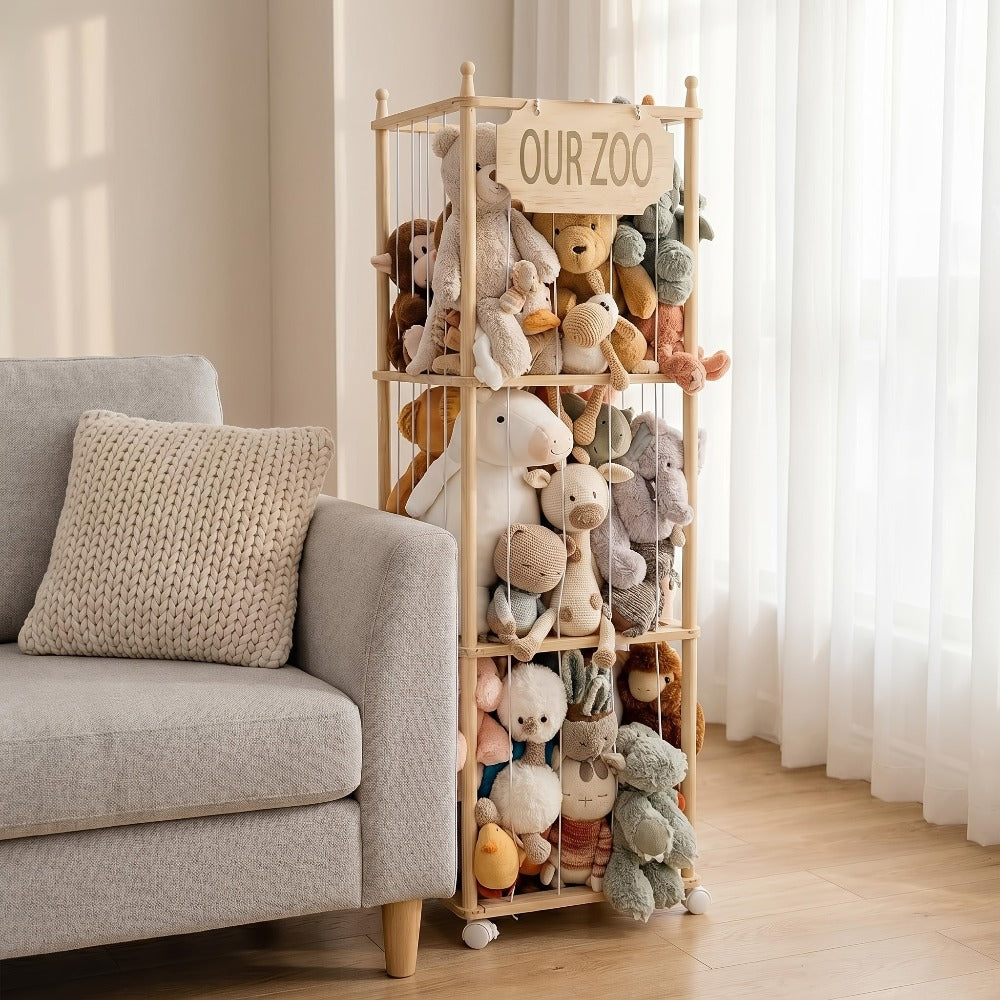 Stuffed Animal Storage Tower Wooden Zoo Cage Design Large Plush Toy Organizer Holder for Kids for Entryways, Bedrooms and Living Spaces