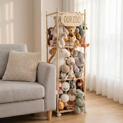 Stuffed Animal Storage Tower Wooden Zoo Cage Design Large Plush Toy Organizer Holder for Kids for Entryways, Bedrooms and Living Spaces