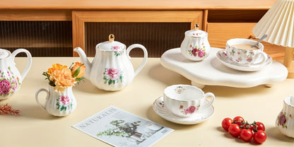 Porcelain Tea Set Service for 6 British Royal Floral Design with Teapot Sugar Bowl Cream Pitcher Teaspoons Tea Strainer 8oz Cups Saucers