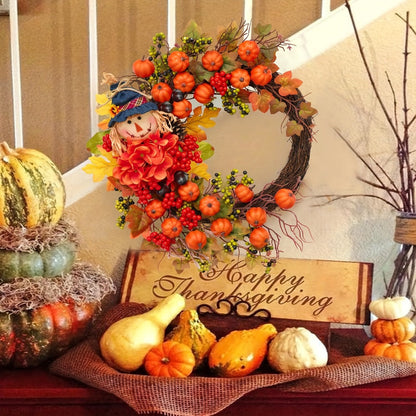 Fall Wreath for Front Door Autumn Thanksgiving Pumpkin Leaves Floral Doll Wreath Indoor Outdoor Wall Window Holiday Home Decor Christmas