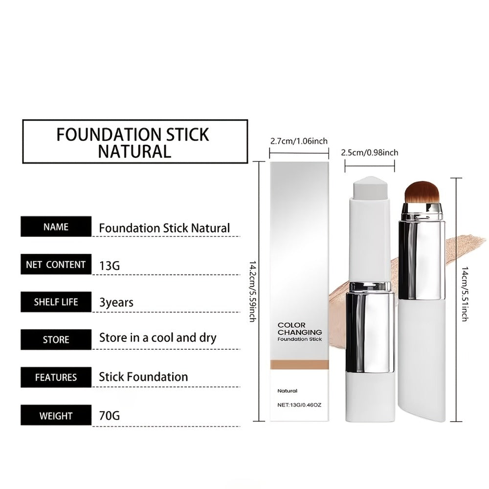 Skin Tone Adapting Color-Changing Foundation Stick 2-Piece with Built-In Brush & Puff – Lightweight Matte Finish Sheer to Buildable Coverage
