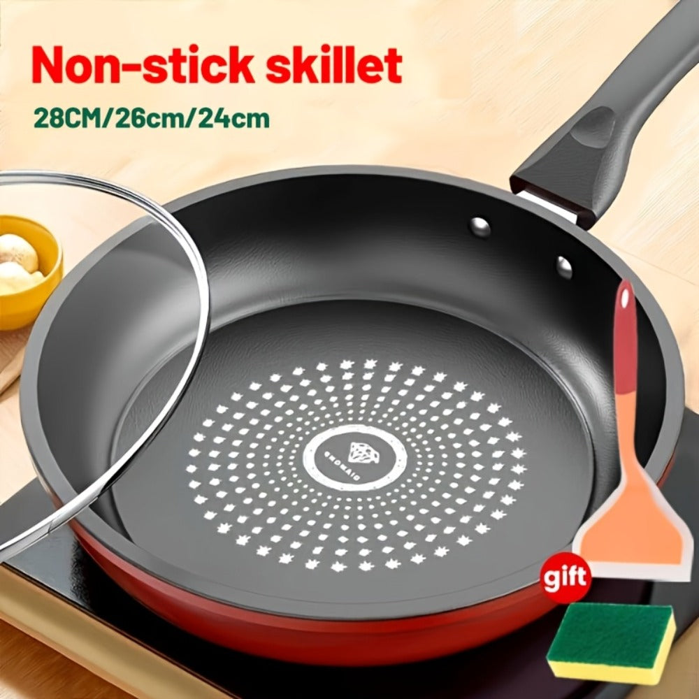 Nonstick Frying Pan with Lid 9.45 10.24 11.02 Inch Cast Iron Style Flat Bottom Skillet for Home Cooking, Dining and Outdoor Meals