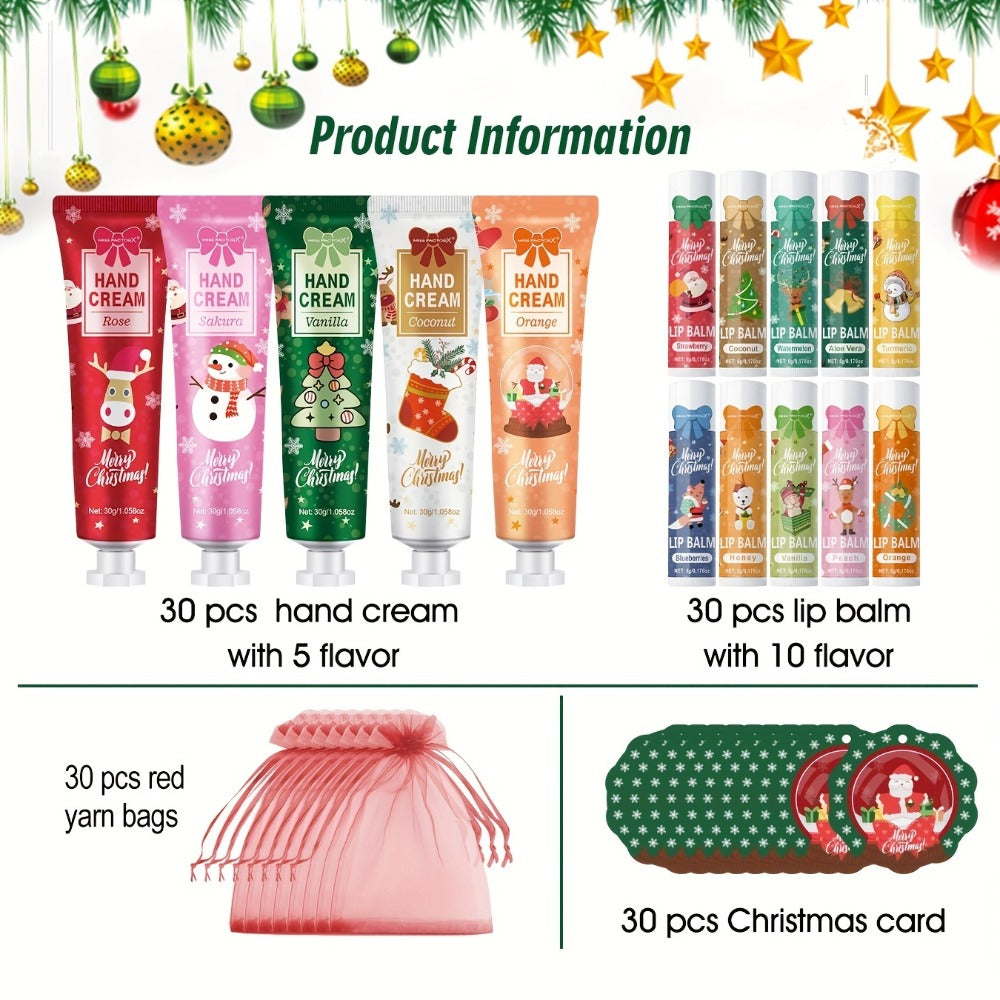 Bulk Gift Set 120 Pieces Lip Balm & Hand Cream with Red Velvet Bags & Holiday Cards – Moisturizing Party Favors for Colleagues