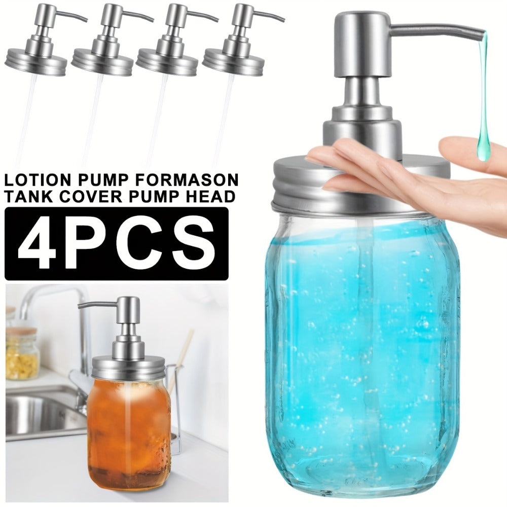 Mason Jar Soap Dispenser Pump Lids 4 Pack – 304 Stainless Steel Regular Mouth Mason Jar Pump Replacement, Leakproof Gasket