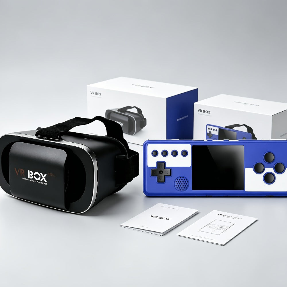 VR Headset & Retro Handheld Game Console Set, Mini 3D HD Virtual Reality Glasses with Portable Game Console