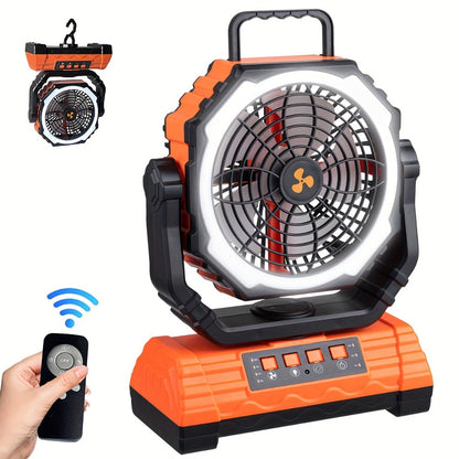 Portable Camping Fan with Dual Motors LED Light & Remote Control, Solar Powered Outdoor Fan with Hook for Tent Work Site Power Outage
