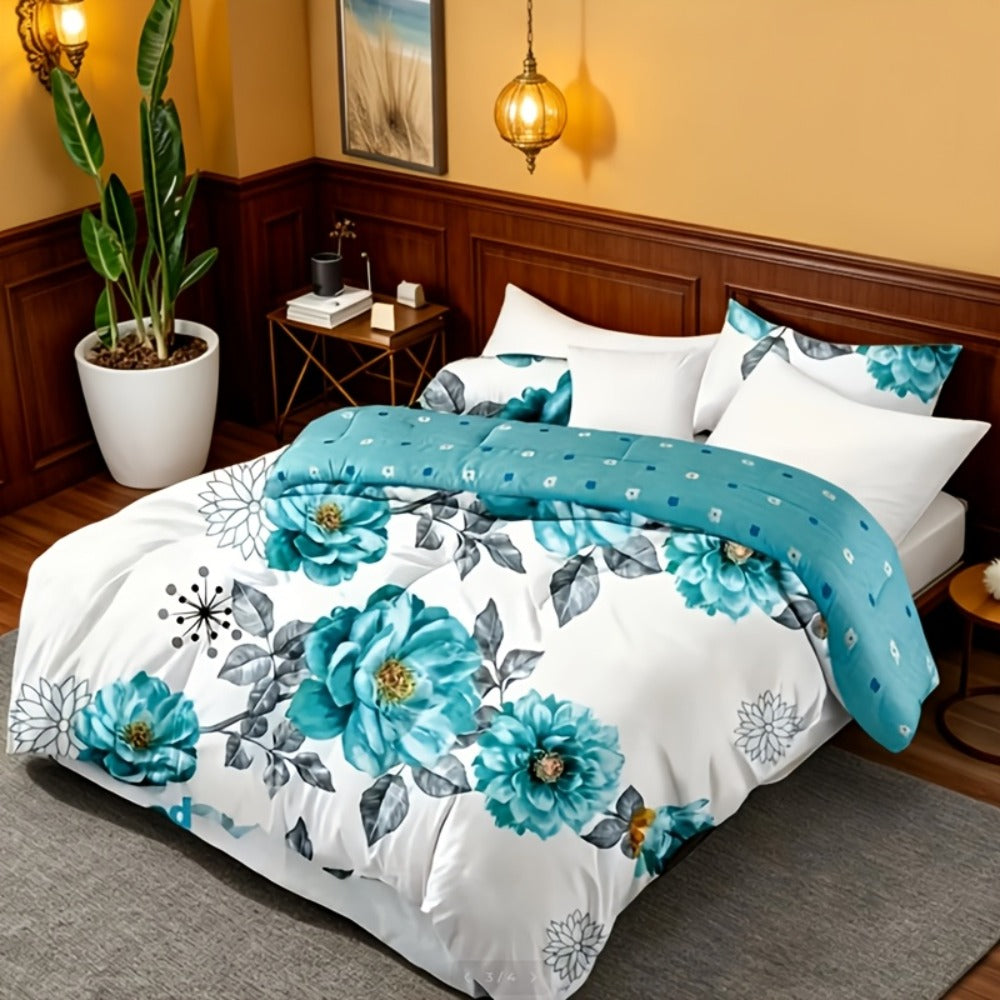 Botanical Floral Comforter and Pillowcase Set in Pink, Cyan or Lake Blue with Twin, Queen and King Sizes
