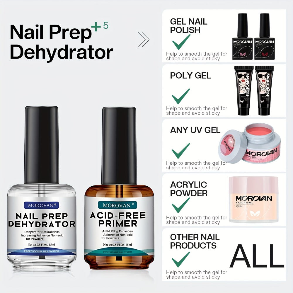 Acid Free Nail Dehydrator and Primer Set with File and Brush for Acrylic and Gel Manicure Prep