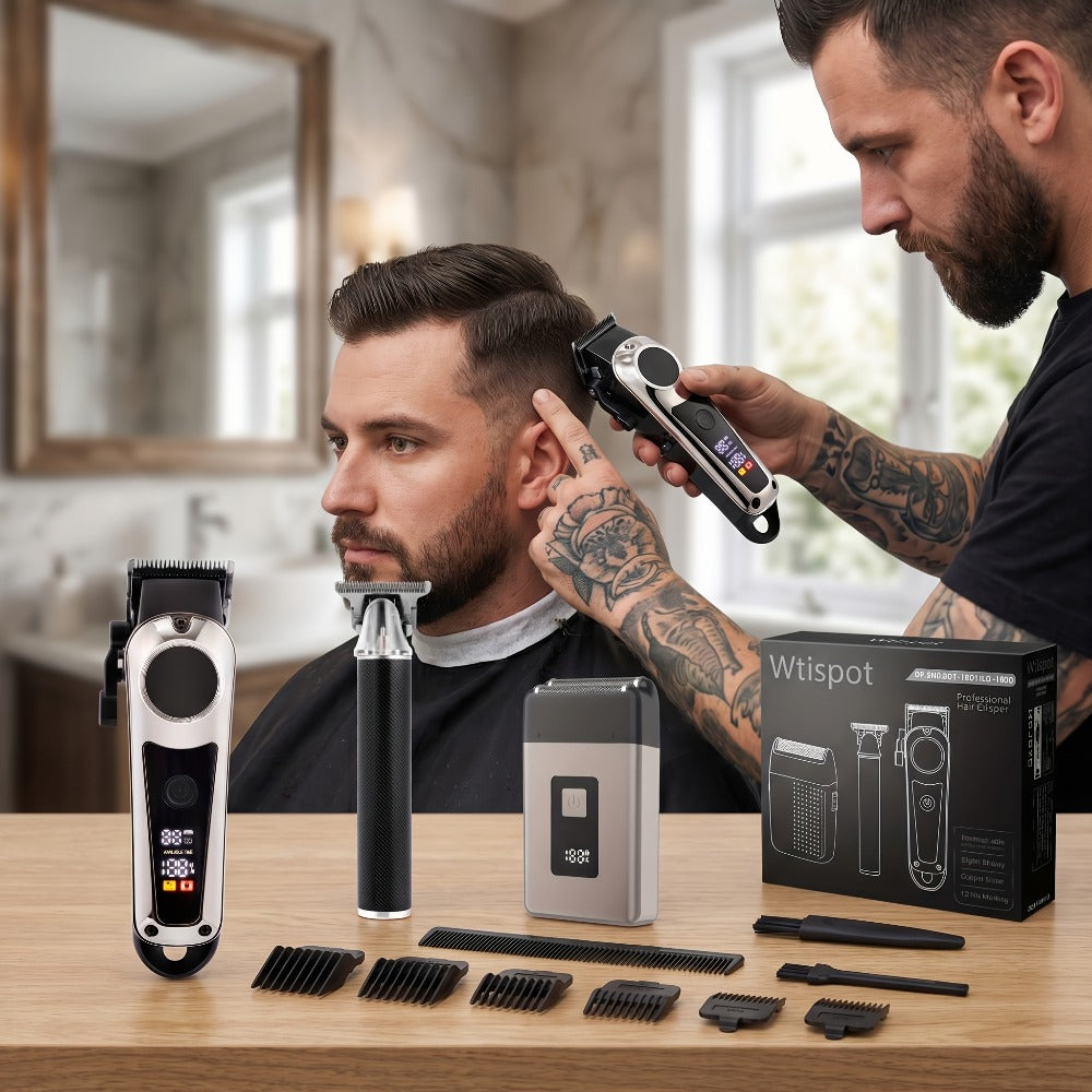 Hair Clipper Whistpot Single or Three-Piece Grooming Kit with USB Charging, Displays and Four Source Options