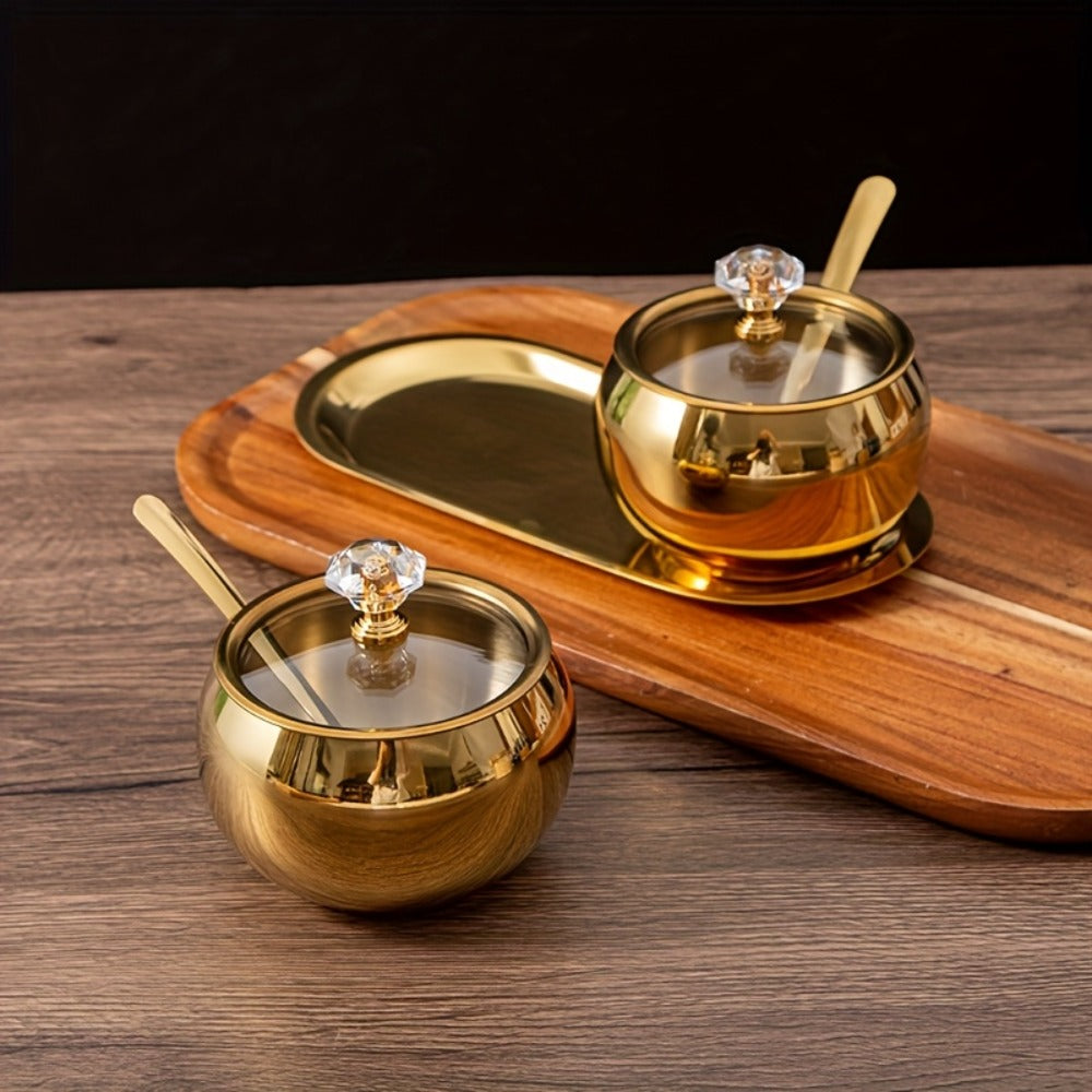Golden Stainless Steel Seasoning Jar Set 2 or 3pcs Spice Containers with Lid and Spoon for Home Cooking, Dining and Outdoor Meals