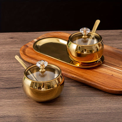 Golden Stainless Steel Seasoning Jar Set 2 or 3pcs Spice Containers with Lid and Spoon for Home Cooking, Dining and Outdoor Meals