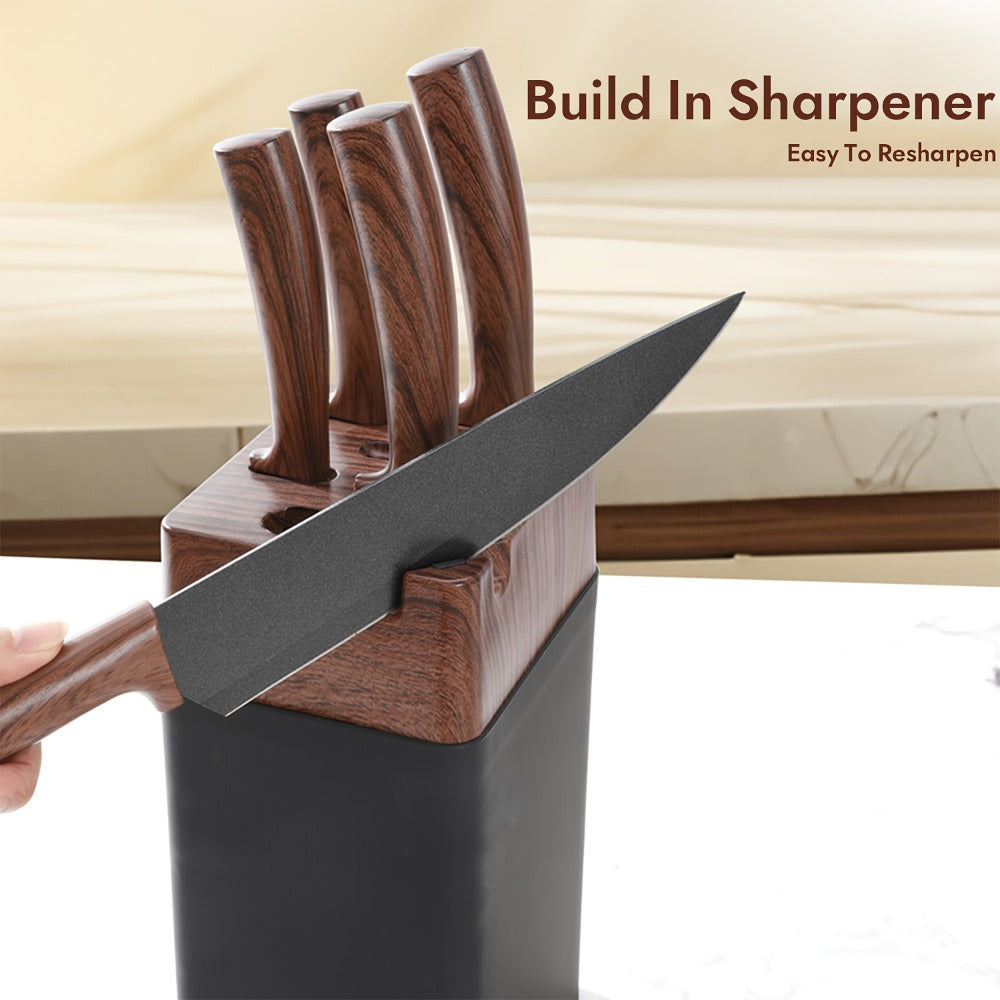 Seven-Piece Kitchen Knife Set with Five Dark Blades, Scissors, Wood-Look Handles and Storage Block