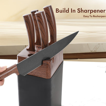 Seven-Piece Kitchen Knife Set with Five Dark Blades, Scissors, Wood-Look Handles and Storage Block