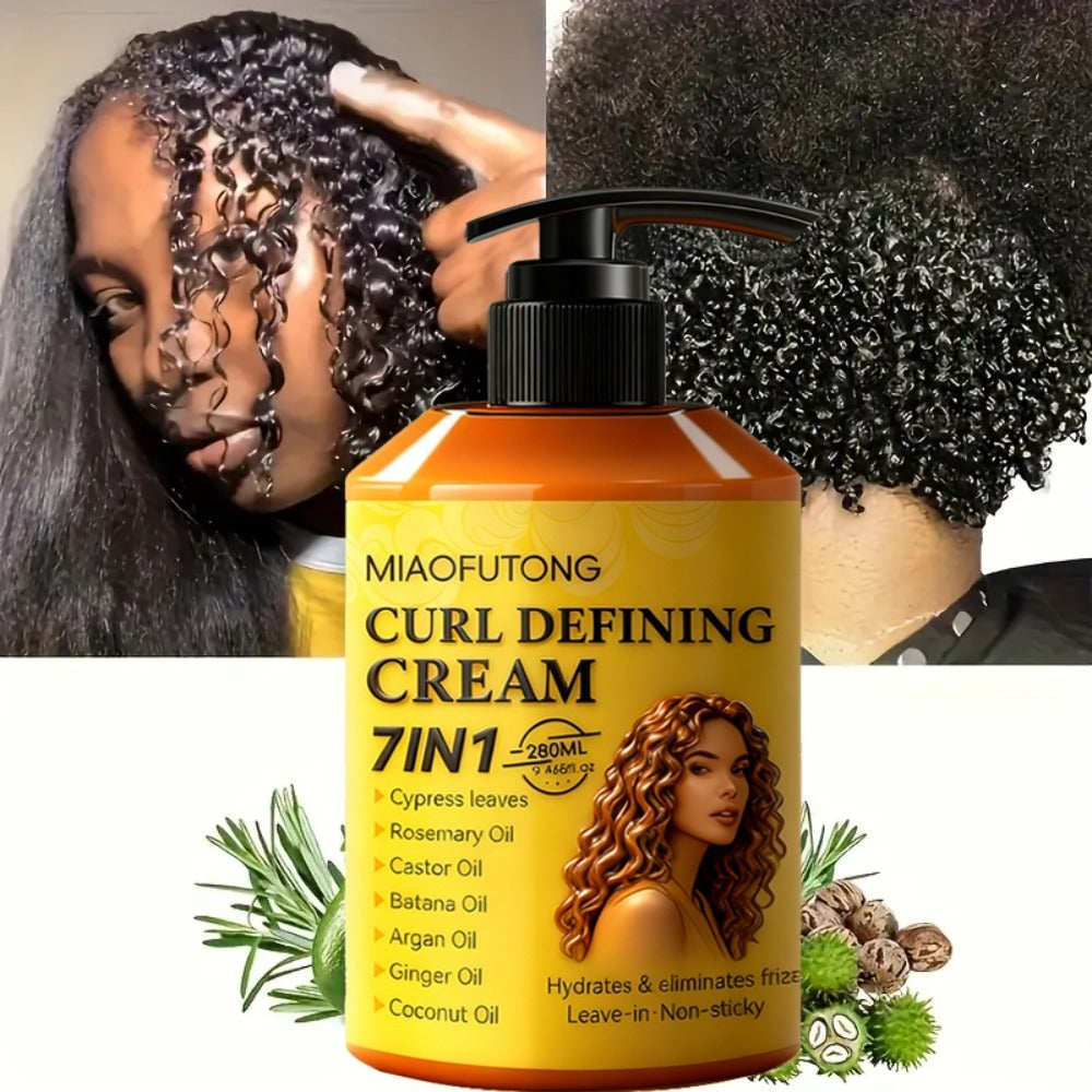 7-in-1 Curl Defining Cream by MIAOFUTONG in 280ml Pump Bottle with Seven Front-Label Botanical Ingredients