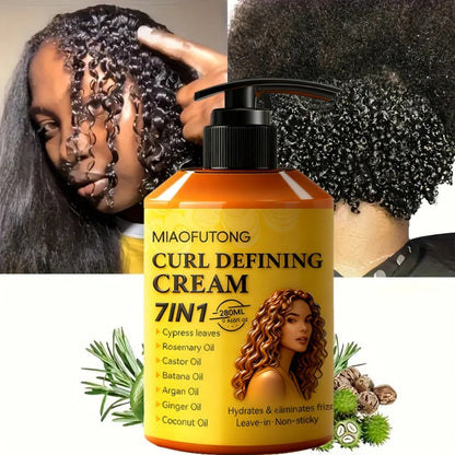 7-in-1 Curl Defining Cream by MIAOFUTONG in 280ml Pump Bottle with Seven Front-Label Botanical Ingredients