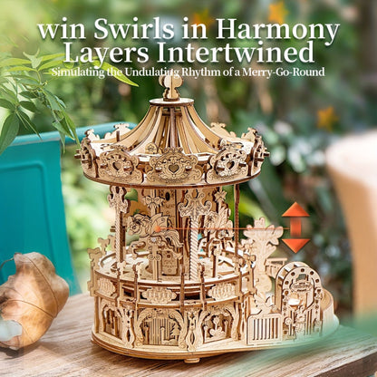 Rotating Merry-Go-Round Wooden Puzzle Kit, Mechanical Carousel 3D Model for Adults & Teens, DIY Kinetic Display Piece