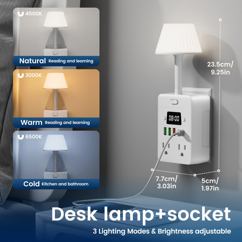 11-in-1 Multifunctional Power Strip with Desk Lamp & Digital Clock, 4 AC Outlets, 3 USB-A & 2 USB-C