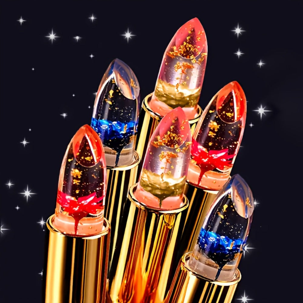 Jelly Flower Lipstick Set 6-Pack Color Changing Lip Balm Temperature Activated Tint Hydrating Squalane Formula Moisturizing Tinted Lip Gloss