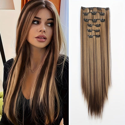 Clip In Hair Extensions 24 Inch for Women 6 Pieces 16 Clips – Heat Resistant Synthetic Hairpiece for Volume & Length