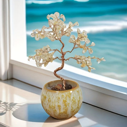 Natural Crystal Gemstone Tree with Ceramic Base 7 Inch Handmade Healing Stone Bonsai Tree for Entryways, Bedrooms and Living Spaces