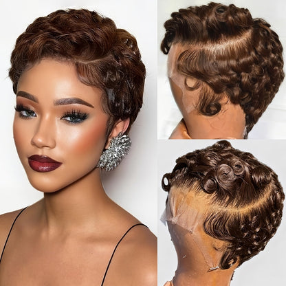 Pixie Cut Wig Human Hair 13x4 HD Lace Front Short Curly Body Wave Loose Deep Wave Finger Wave, for Home, Travel and Salon Hair Styling