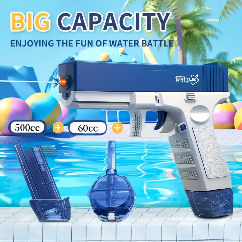 Compact Electric Water Blaster with 500cc and 60cc Detachable Reservoirs, Blue or Pink Body Design