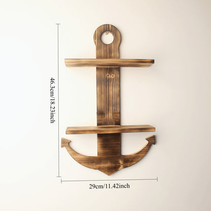 Floating Wall Shelves Solid Wood 2-Tier Nautical Anchor Shelf Handcrafted Heavy Duty Wall Mounted Organizer for Bedroom Living Room Bathroom