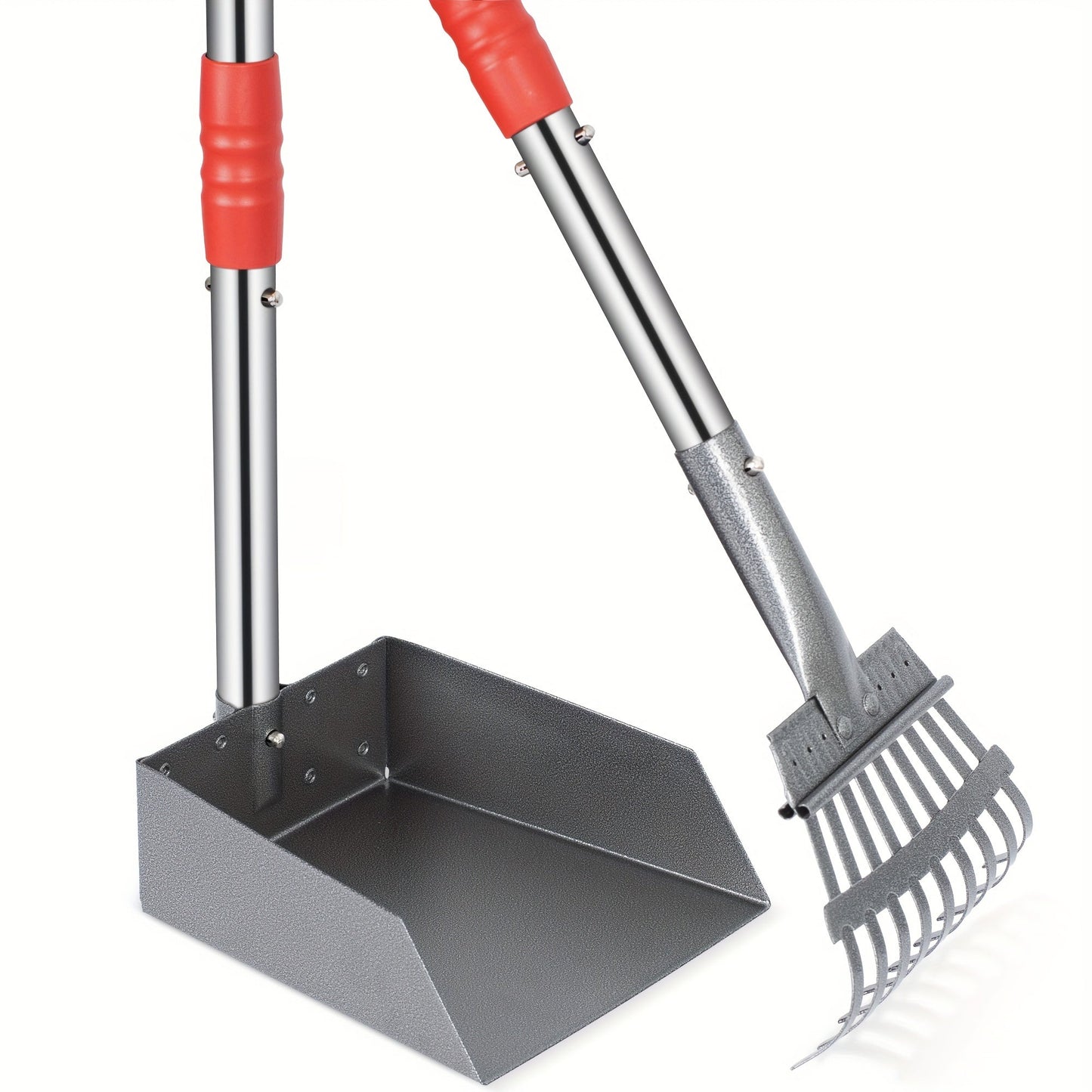 Long-Handle Pet Waste Rake and Tray Set with Two Three-Section Handles and Nine Color Options