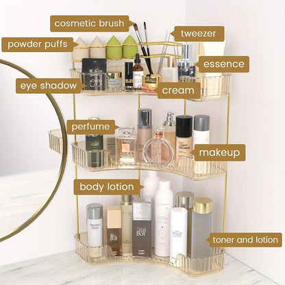 Corner Countertop Bathroom Organizer with 2- or 3-Tier Trays, Brush Rings and Four Color-Style Options
