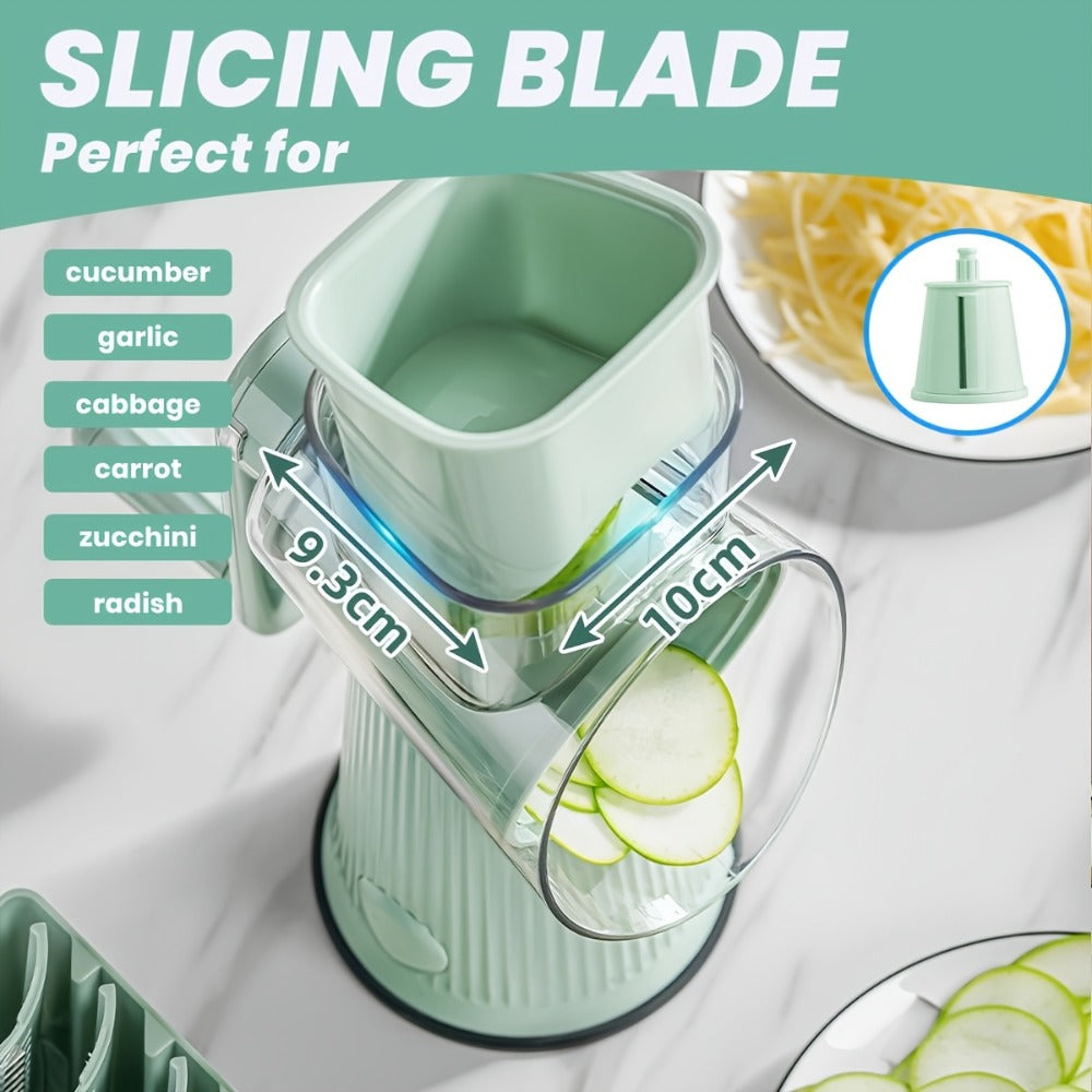 Rotary Cheese Grater with Interchangeable Blades, 5-in-1 Manual Vegetable Slicer Shredder Set, Suction Cup Base