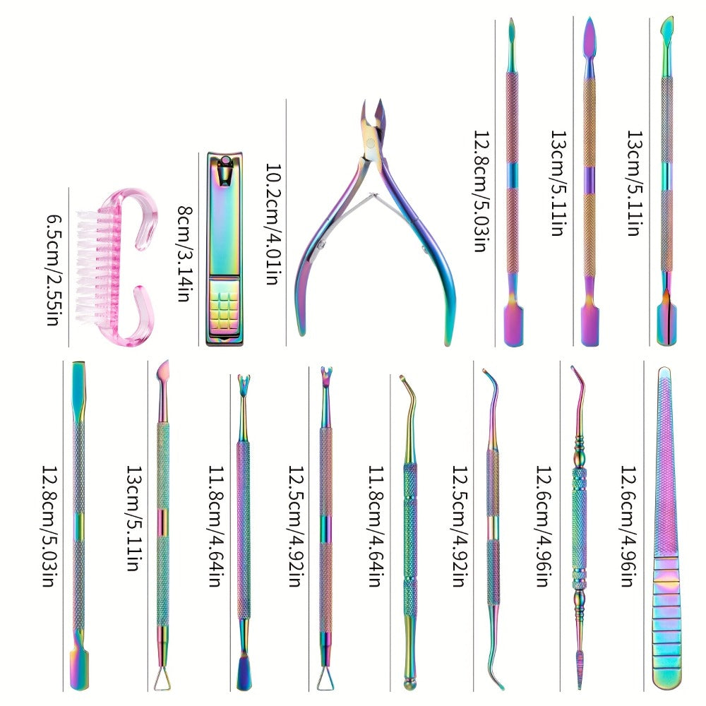 Nail Tech Kit 15pcs Professional Stainless Steel – Cuticle Nipper & Pusher Nail File Gel Polish Remover Complete Manicure Pedicure Tools