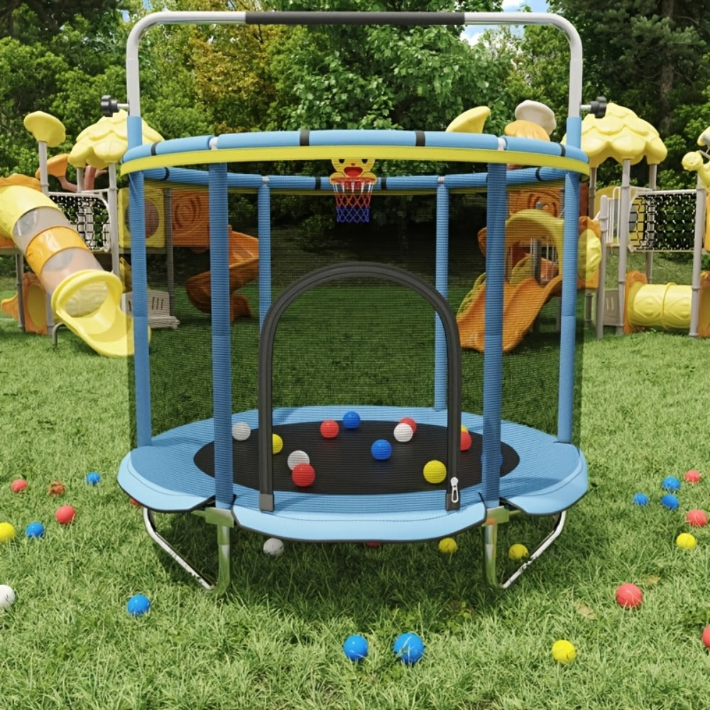 60 Inch Trampoline with Enclosure and Gymnastics Bar, Height Adjustable Indoor Outdoor Round Trampoline with Toys for Kids