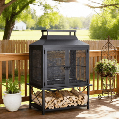 Outdoor Fireplace 39 Inch Rectangular Wood Burning Fire Pit with Grill, Spark Screen & Poker