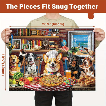 Dogs Dinner Party Jigsaw Puzzle 500 & 1000 Pieces for Adults – Funny Dog Art Puzzle with Letters on Back & Reference Poster