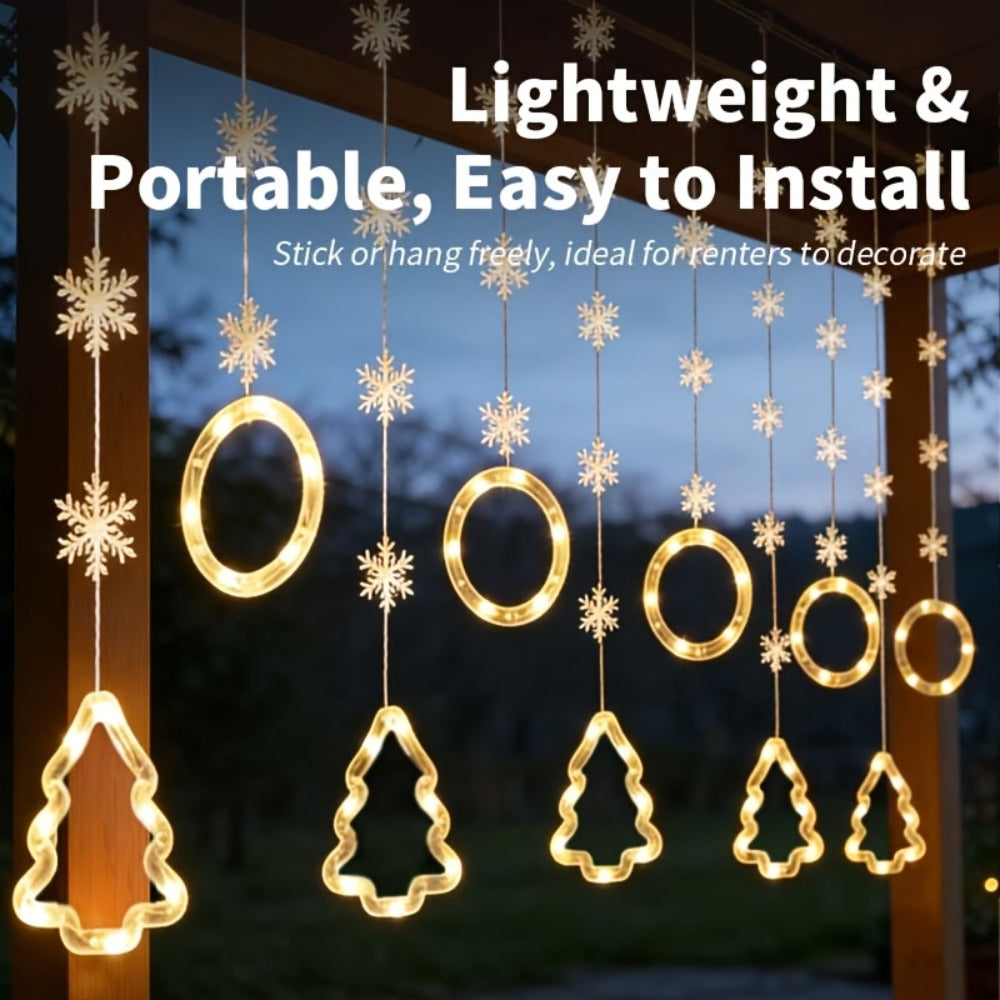 String Lights, 118-Inch USB Holiday Curtain with Ten Snowflake or Star-and-Tree Drops for Indoor Display