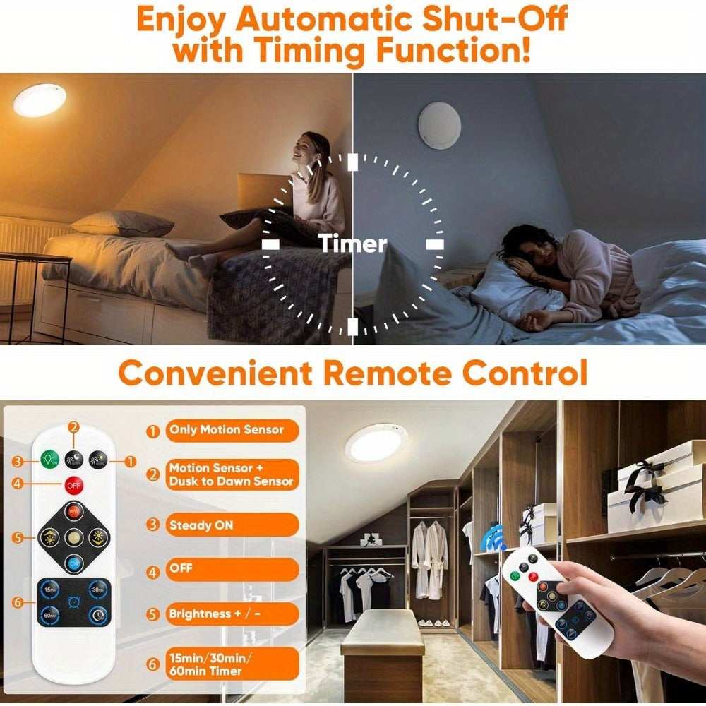 Motion Sensor Ceiling Light Rechargeable with Remote, 3-Color Dimmable Wireless LED Overhead Light