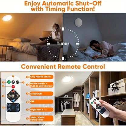Motion Sensor Ceiling Light Rechargeable with Remote, 3-Color Dimmable Wireless LED Overhead Light