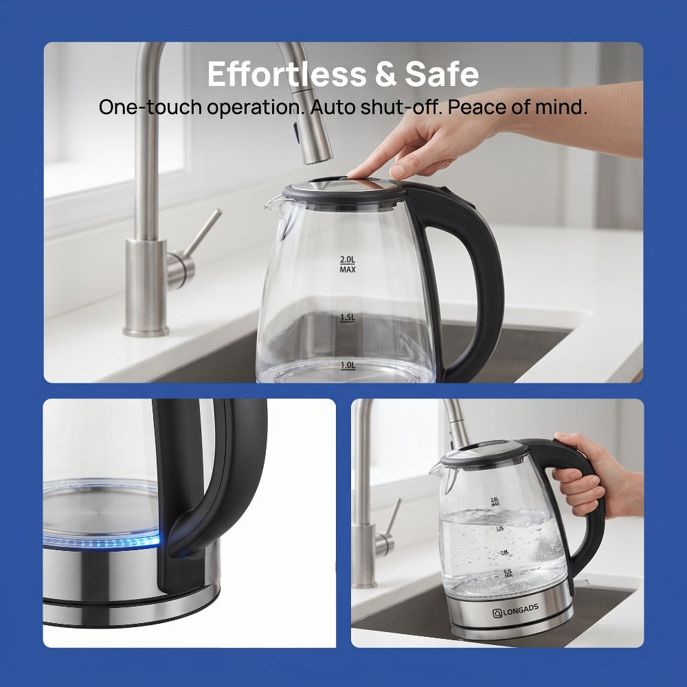 Electric Kettle by LONGADS, 2L 1000W Glass Body with Blue LED Indicator and Stainless Steel Heating Base