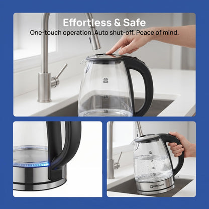 Electric Kettle by LONGADS, 2L 1000W Glass Body with Blue LED Indicator and Stainless Steel Heating Base
