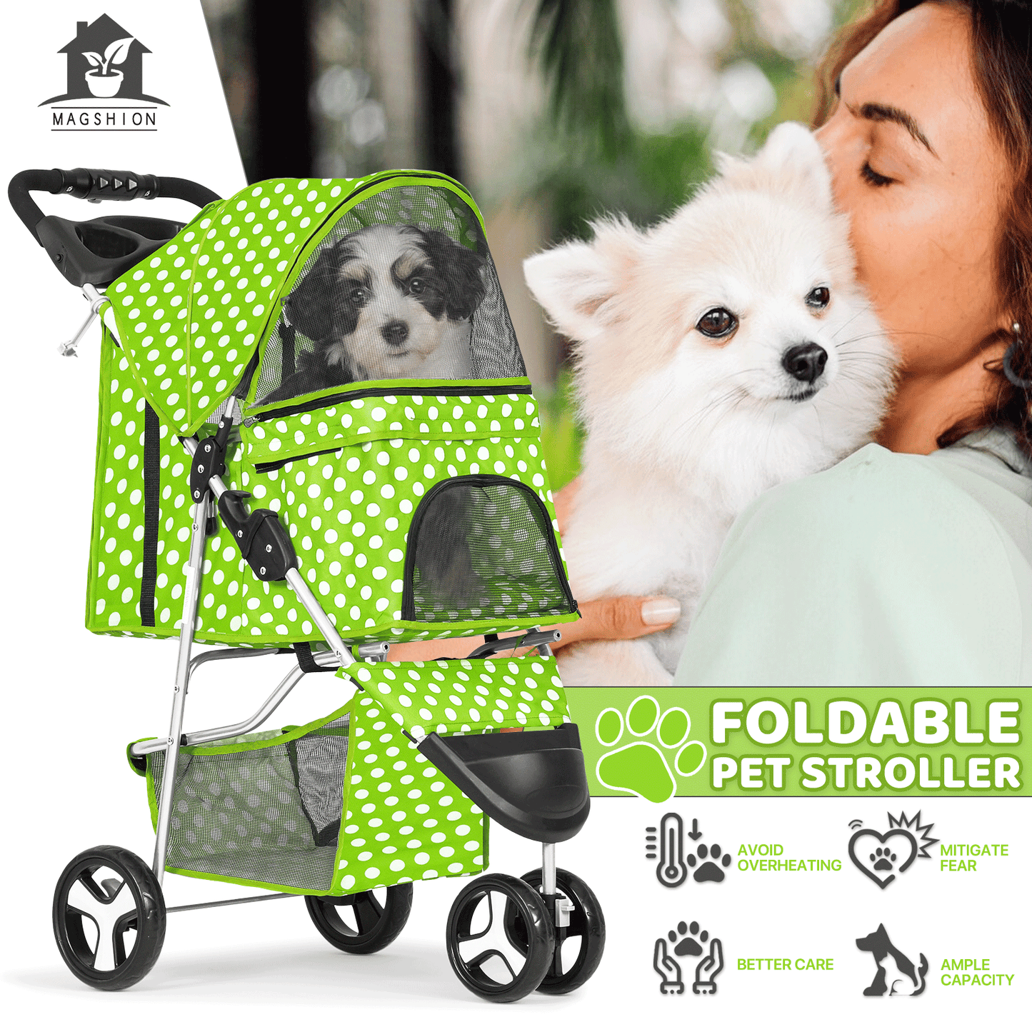 Pet Jogger Stroller 3-Wheel for Small & Medium Dogs & Cats up to 33 lbs – Foldable Oxford Waterproof Dog Cat Pram with 360° Swivel Wheels